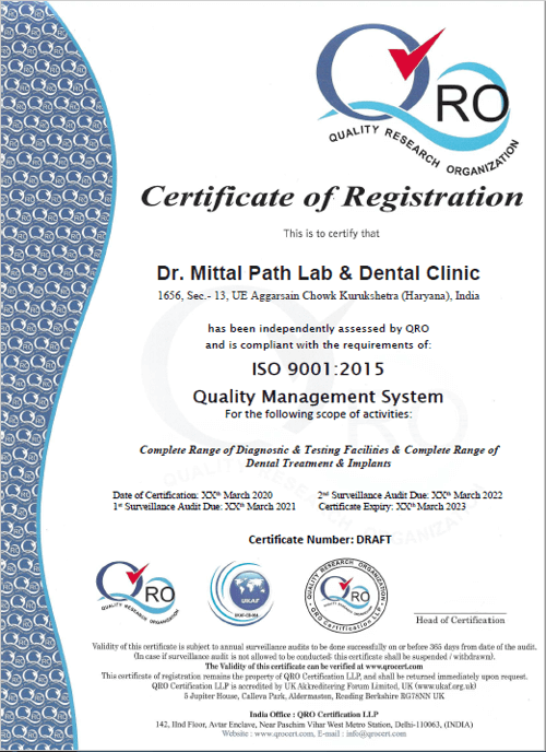 ISO 9001:2015 Certificate - Dr. Mittal Path Lab & Dental Clinic